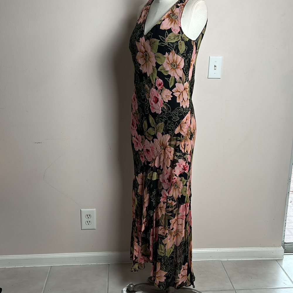 Vintage Eva Blue Chiffon Floral Layered Skirt Maxi Black Pink Dress size 12 - Picture 5 of 17
